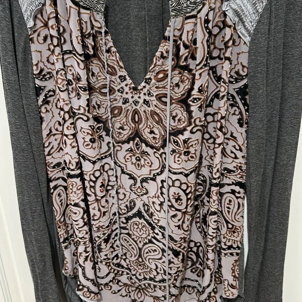 Hale Bob Tunic With Metallic & Clear Beading, V Neck with Ties, Small - Picture 3 of 5